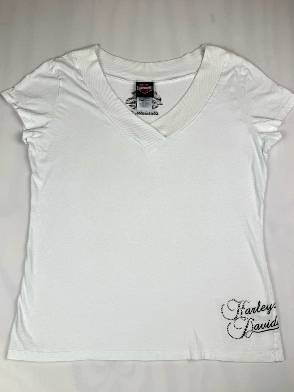 Harley-Davidson Womens XL White Rhinestone V-Neck Dealer Tee Charleston SC